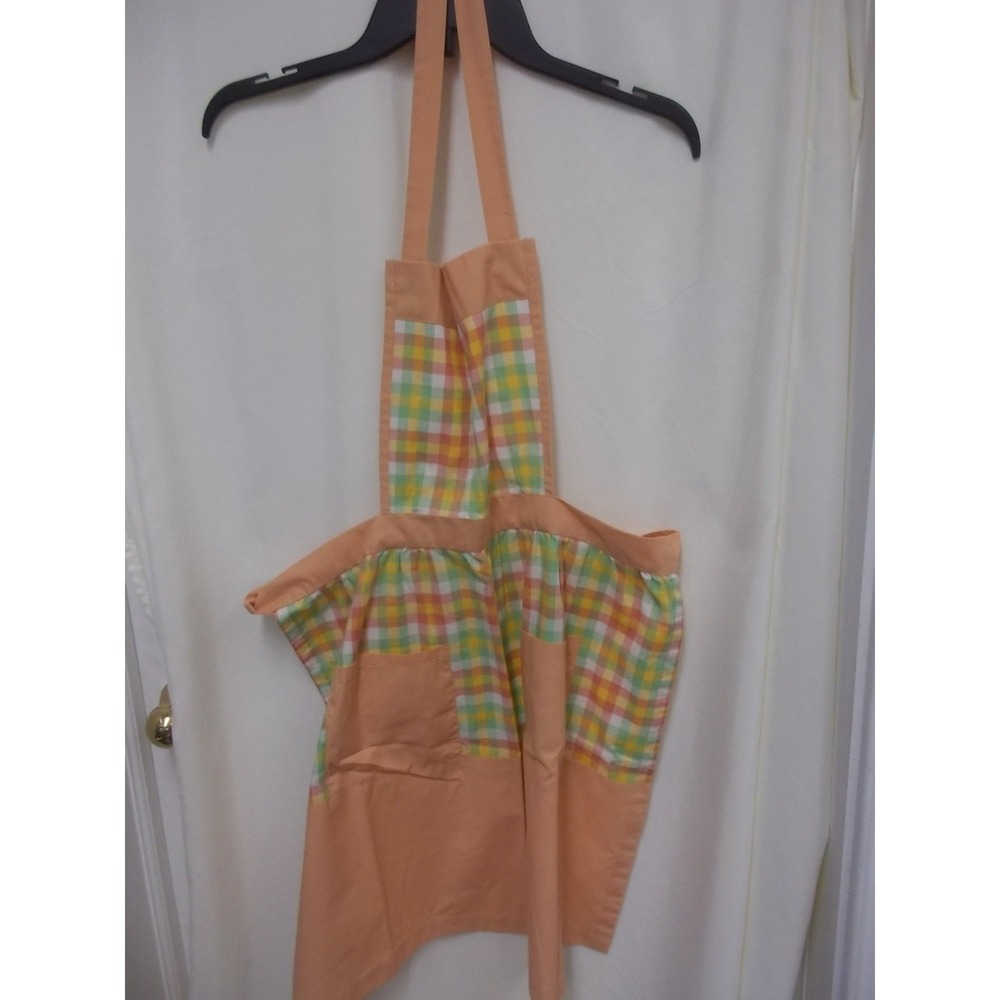 Vintage Peach Gingham Plaid Bib Apron Multi Color Pastel Retro Kitchen Pocket